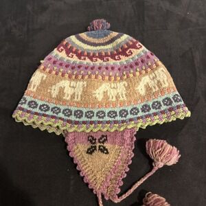 Chullo Wool Hat Unisex Vintage Multicolored Ear Flaps Pom Winter Warm Knitted